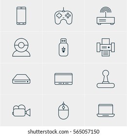 Vector Illustration Of 12 Hardware Icons. Editable Pack Of Memory Storage, Monitor, Joypad And Other Elements.