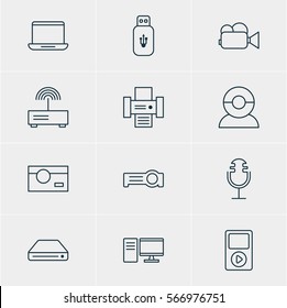 Vector Illustration Of 12 Hardware Icons. Editable Pack Of Camcorder, Media Controller, Photography And Other Elements.