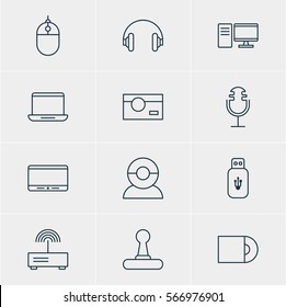 Vector Illustration Of 12 Hardware Icons. Editable Pack Of Computer, Dvd Drive, Game Controller And Other Elements.