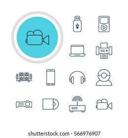 Vector Illustration Of 12 Hardware Icons. Editable Pack Of Smartphone, Photocopier, Modem And Other Elements.
