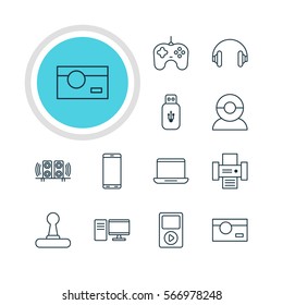 Vector Illustration Of 12 Hardware Icons. Editable Pack Of Game Controller, Photography, Usb Card And Other Elements.