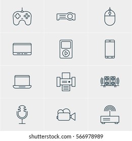 Vector Illustration Of 12 Hardware Icons. Editable Pack Of Floodlight, Cursor Controller, Monitor And Other Elements.