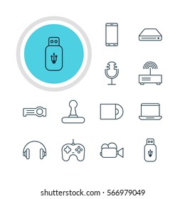 Vector Illustration Of 12 Hardware Icons. Editable Pack Of Game Controller, Memory Storage, Floodlight And Other Elements.