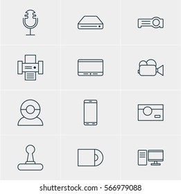 Vector Illustration Of 12 Hardware Icons. Editable Pack Of PC, Video Chat, Smartphone And Other Elements.