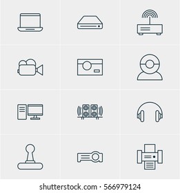Vector Illustration Of 12 Hardware Icons. Editable Pack Of Floodlight, Video Chat, Loudspeaker And Other Elements.