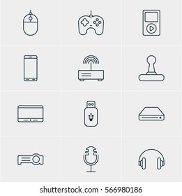 Vector Illustration Of 12 Hardware Icons. Editable Pack Of Game Controller, Memory Storage, Floodlight And Other Elements.