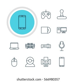 Vector Illustration Of 12 Hardware Icons. Editable Pack Of Computer, Video Chat, Cursor Controller And Other Elements.