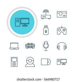 Vector Illustration Of 12 Hardware Icons. Editable Pack Of Joypad, Video Chat, Media Controller And Other Elements.