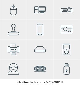 Vector Illustration Of 12 Hardware Icons. Editable Pack Of Photography, Video Chat, PC And Other Elements.