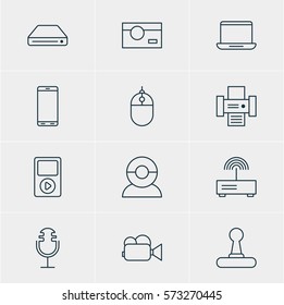 Vector Illustration Of 12 Hardware Icons. Editable Pack Of Cursor Controller, Camcorder, Photography And Other Elements.