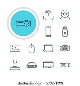 Vector Illustration Of 12 Hardware Icons. Editable Pack Of Memory Storage, Video Chat, Photography And Other Elements.