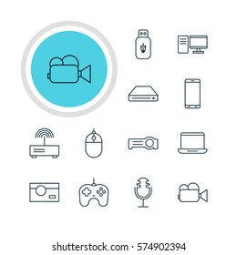 Vector Illustration Of 12 Hardware Icons. Editable Pack Of PC, Joypad, Modem And Other Elements.