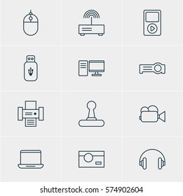 Vector Illustration Of 12 Hardware Icons. Editable Pack Of Camcorder, Headset, Game Controller And Other Elements.