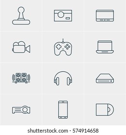 Vector Illustration Of 12 Hardware Icons. Editable Pack Of Photography, Dvd Drive, Game Controller And Other Elements.
