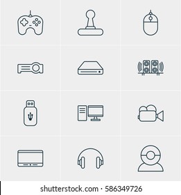 Vector Illustration Of 12 Hardware Icons. Editable Pack Of Joypad, PC, Game Controller And Other Elements.