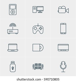 Vector Illustration Of 12 Hardware Icons. Editable Pack Of Loudspeaker, Usb Card, PC And Other Elements.