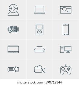 Vector Illustration Of 12 Hardware Icons. Editable Pack Of Smartphone, Loudspeaker, Camcorder And Other Elements.