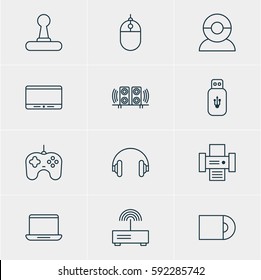Vector Illustration Of 12 Hardware Icons. Editable Pack Of Photocopier, Video Chat, Cursor Controller And Other Elements.