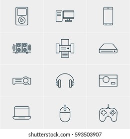 Vector Illustration Of 12 Hardware Icons. Editable Pack Of Media Controller, Computer, Photocopier And Other Elements.
