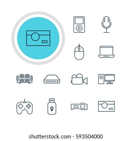 Vector Illustration Of 12 Hardware Icons. Editable Pack Of Cursor Controller, Loudspeaker, Joypad And Other Elements.