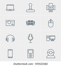 Vector Illustration Of 12 Hardware Icons. Editable Pack Of Smartphone, PC, Game Controller And Other Elements.