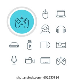 Vector Illustration Of 12 Hardware Icons. Editable Pack Of Camcorder, Memory Storage, Joypad And Other Elements.