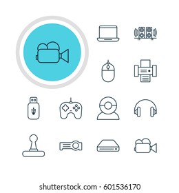 Vector Illustration Of 12 Hardware Icons. Editable Pack Of Loudspeaker, Usb Card, Joypad And Other Elements.