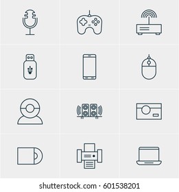 Vector Illustration Of 12 Hardware Icons. Editable Pack Of Cursor Controller, Sound Recording, Smartphone And Other Elements.