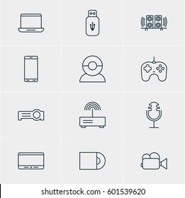 Vector Illustration Of 12 Hardware Icons. Editable Pack Of Video Chat, Joypad, Usb Card And Other Elements.