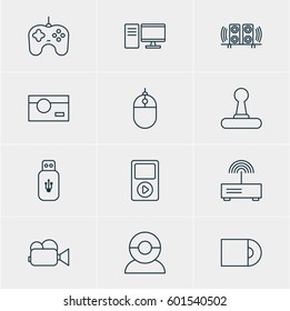 Vector Illustration Of 12 Hardware Icons. Editable Pack Of Media Controller, Photography, Dvd Drive And Other Elements.