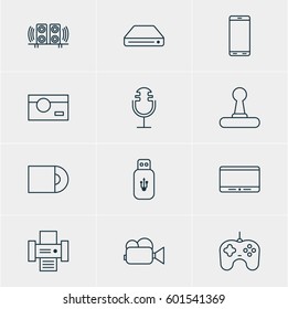 Vector Illustration Of 12 Hardware Icons. Editable Pack Of Loudspeaker, Smartphone, Game Controller And Other Elements.