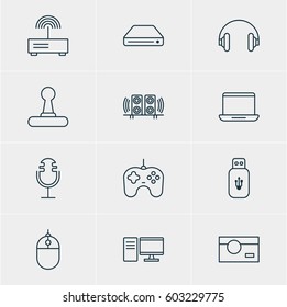 Vector Illustration Of 12 Hardware Icons. Editable Pack Of Headset, Memory Storage, PC And Other Elements.