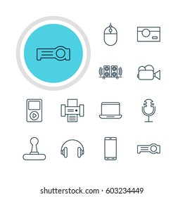 Vector Illustration Of 12 Hardware Icons. Editable Pack Of Game Controller, Cursor Controller, Loudspeaker And Other Elements.