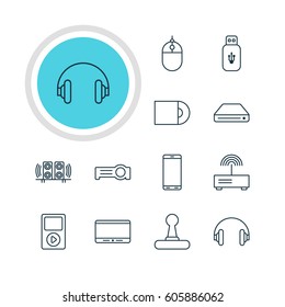 Vector Illustration Of 12 Hardware Icons. Editable Pack Of Dvd Drive, Media Controller, Floodlight And Other Elements.