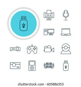 Vector Illustration Of 12 Hardware Icons. Editable Pack Of Media Controller, Photography, Computer And Other Elements.