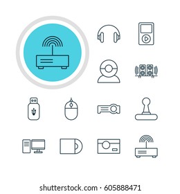Vector Illustration Of 12 Hardware Icons. Editable Pack Of Usb Card, Modem, Floodlight And Other Elements.