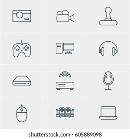 Vector Illustration Of 12 Hardware Icons. Editable Pack Of Loudspeaker, Camcorder, Game Controller And Other Elements.