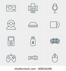 Vector Illustration Of 12 Hardware Icons. Editable Pack Of Dvd Drive, Photography, Sound Recording And Other Elements.