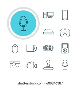 Vector Illustration Of 12 Hardware Icons. Editable Pack Of Game Controller, Smartphone, Sound Recording And Other Elements.