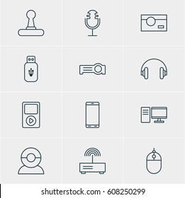 Vector Illustration Of 12 Hardware Icons. Editable Pack Of Media Controller, Cursor Controller, Sound Recording And Other Elements.
