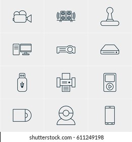 Vector Illustration Of 12 Hardware Icons. Editable Pack Of Game Controller, Usb Card, Floodlight And Other Elements.