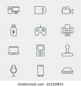 Vector Illustration Of 12 Hardware Icons. Editable Pack Of Joypad, Computer, Camcorder And Other Elements.