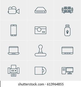 Vector Illustration Of 12 Hardware Icons. Editable Pack Of Dvd Drive, PC, Game Controller And Other Elements.