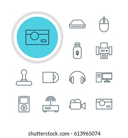 Vector Illustration Of 12 Hardware Icons. Editable Pack Of Photography, Media Controller, Dvd Drive And Other Elements.