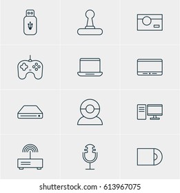 Vector Illustration Of 12 Hardware Icons. Editable Pack Of Monitor, Photography, Usb Card And Other Elements.