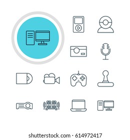 Vector Illustration Of 12 Hardware Icons. Editable Pack Of Floodlight, Loudspeaker, Game Controller And Other Elements.