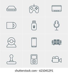 Vector Illustration Of 12 Hardware Icons. Editable Pack Of Monitor, Loudspeaker, Memory Storage And Other Elements.