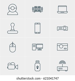 Vector Illustration Of 12 Hardware Icons. Editable Pack Of Photography, Loudspeaker, Smartphone And Other Elements.