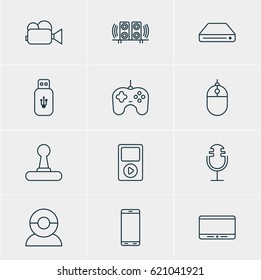 Vector Illustration Of 12 Hardware Icons. Editable Pack Of Game Controller, Cursor Controller, Camcorder And Other Elements.