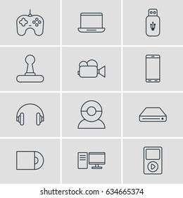 Vector Illustration Of 12 Hardware Icons. Editable Pack Of Usb Card, Computer, Camcorder And Other Elements.